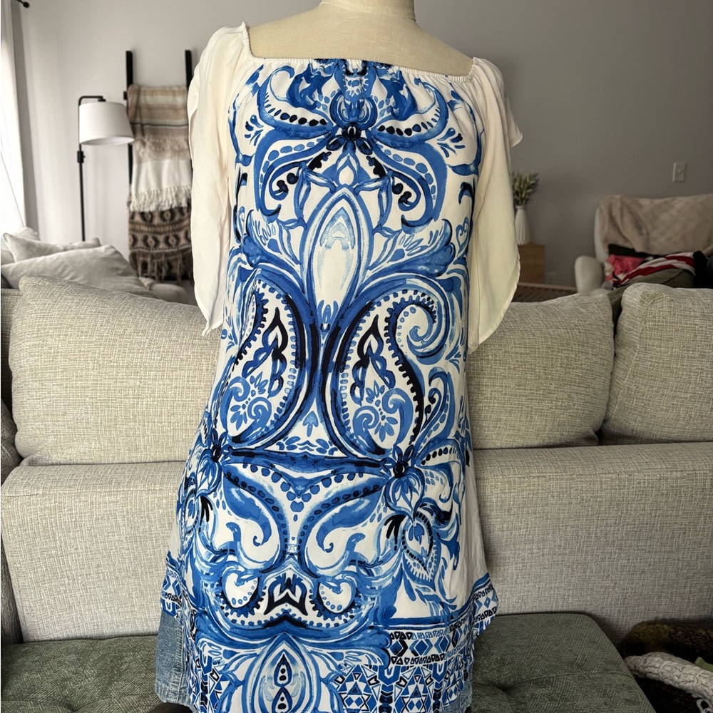 Blue and White paisley patterned off the shoulder summer dress